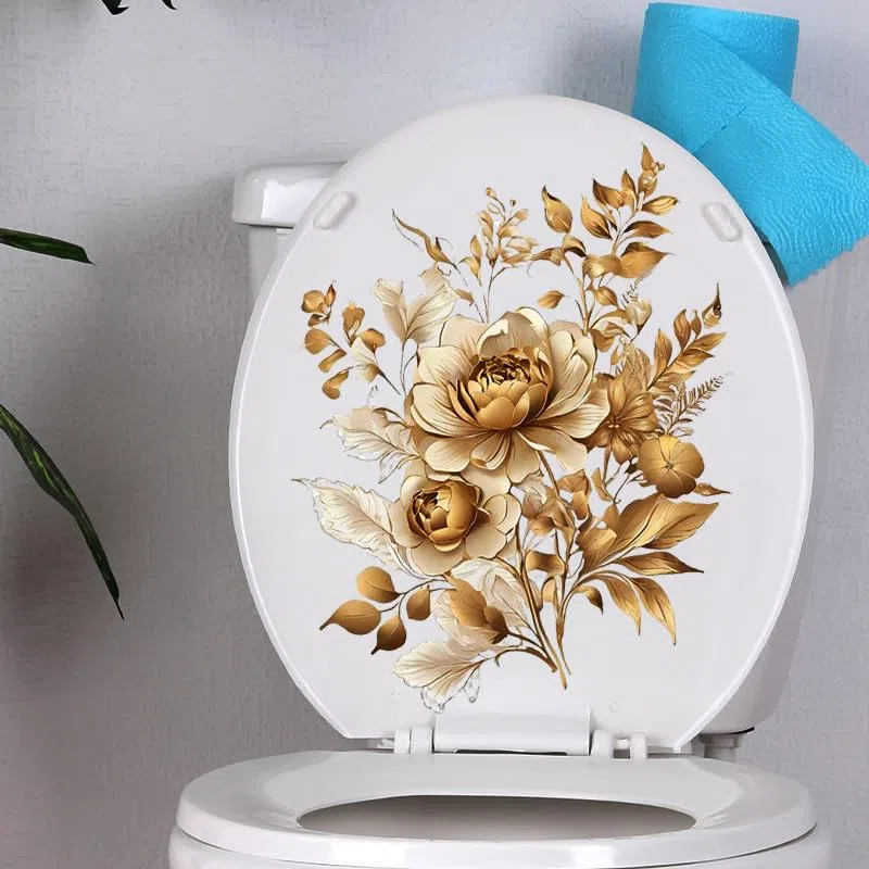 Adesivi per copriwater con fiori di peonia dorata, pesce uccello fiore foglia impermeabile coperchio del water decalcomanie cisterna adesivo da parete per bagno
