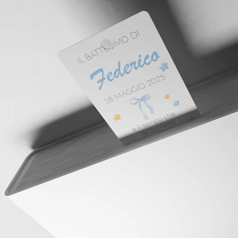 Segna posto per Battesimo personalizzabile per bimbo/a pronto per l'utilizzo stampato su cartoncino 300gr (Battesimo per Bimbo) (Orso Azzurro)