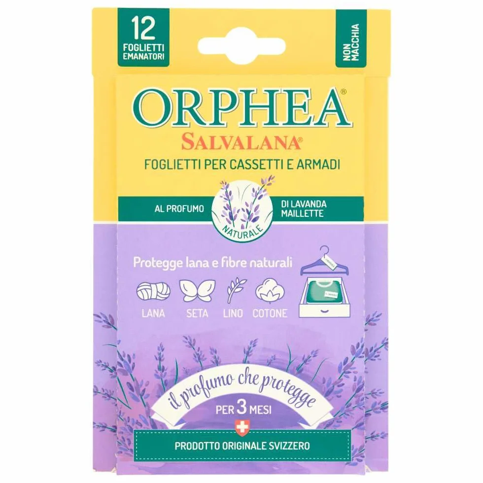 Orphea Salvalana Foglietti per Cassetti e Armadi Protegge Lana Vestiti Lavanda 12 Foglietti Emanatori 3 Pezzi