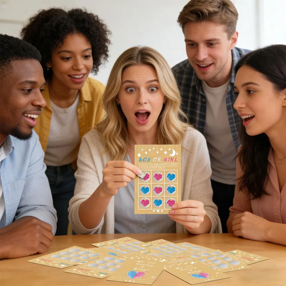 Gratta Vinci 12 Adesivi Gender Reveal per Baby Shower Annuncio Gravidanza, Maschio o Femmina, Gratta Rivela Sesso del Bambino, Attività per Festa Prenatale (Pacchetto Misto) (10 ragazzi e 2 ragazze)
