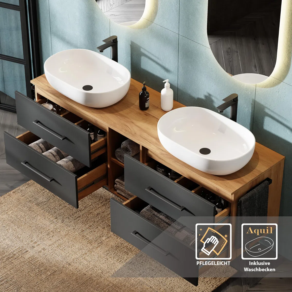 Planetmöbel Lux Set di mobili da bagno con lavabo sospeso da 170 cm e 2 lavabi da appoggio da 60 cm di colore bianco, mobili in rovere dorato/antracite