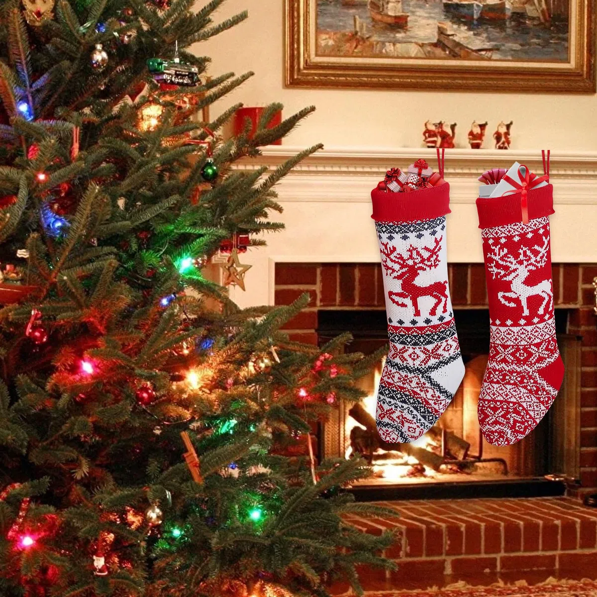 2 Calze Befana, Calza Natalizia Personalizzata Grande, Calze di Babbo Natale, Sacchetto Regalo da Riempire da Appendere, Calze di Natale a Maglia, Decorazione per Albero di Natale e per Camino