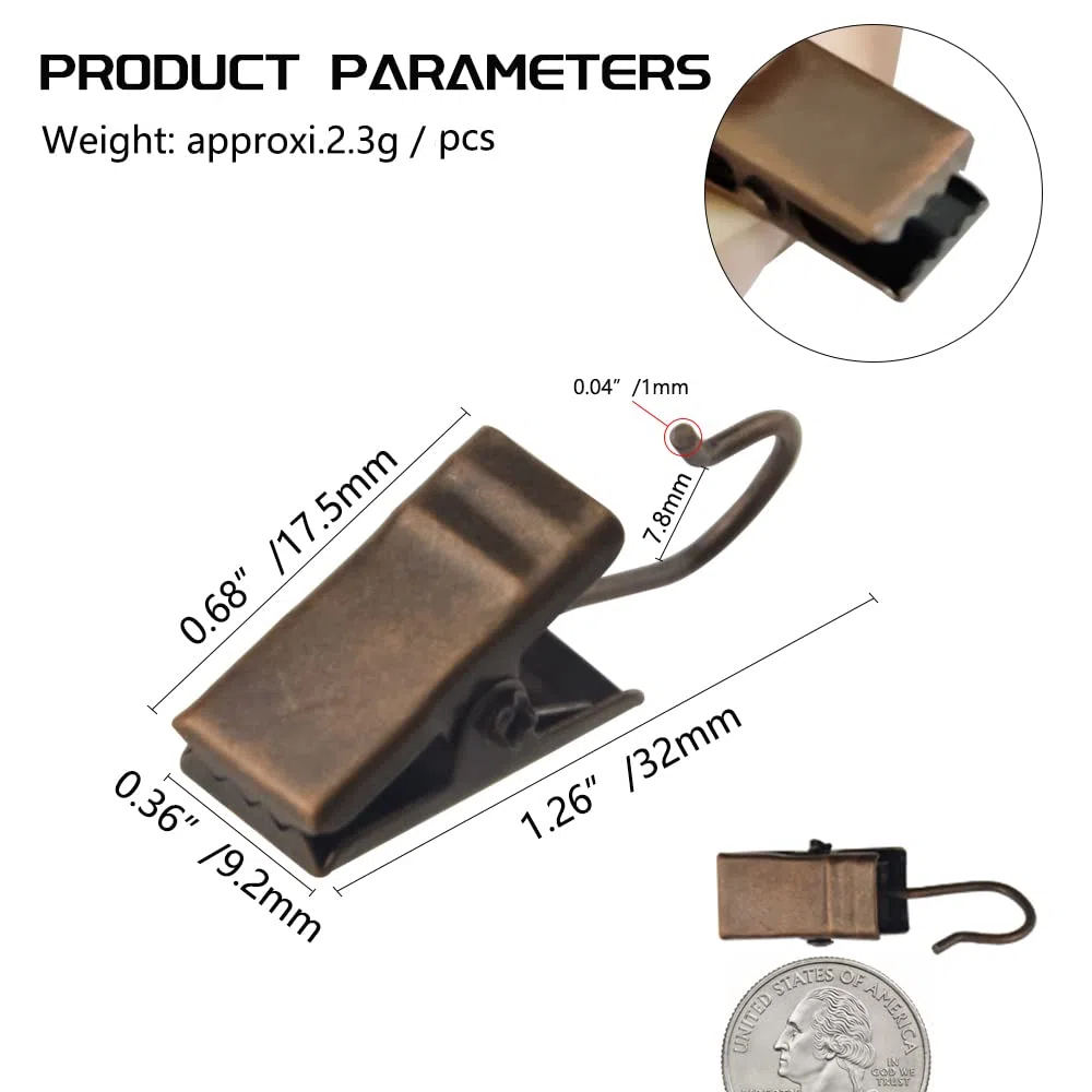 WMYCONGCONG 100 clip per tende con ganci, piccoli ganci resistenti, per luci per feste, per tende, foto, decorazione per la casa, doccia, drappeggi, artigianato, esposizione (rame antico)