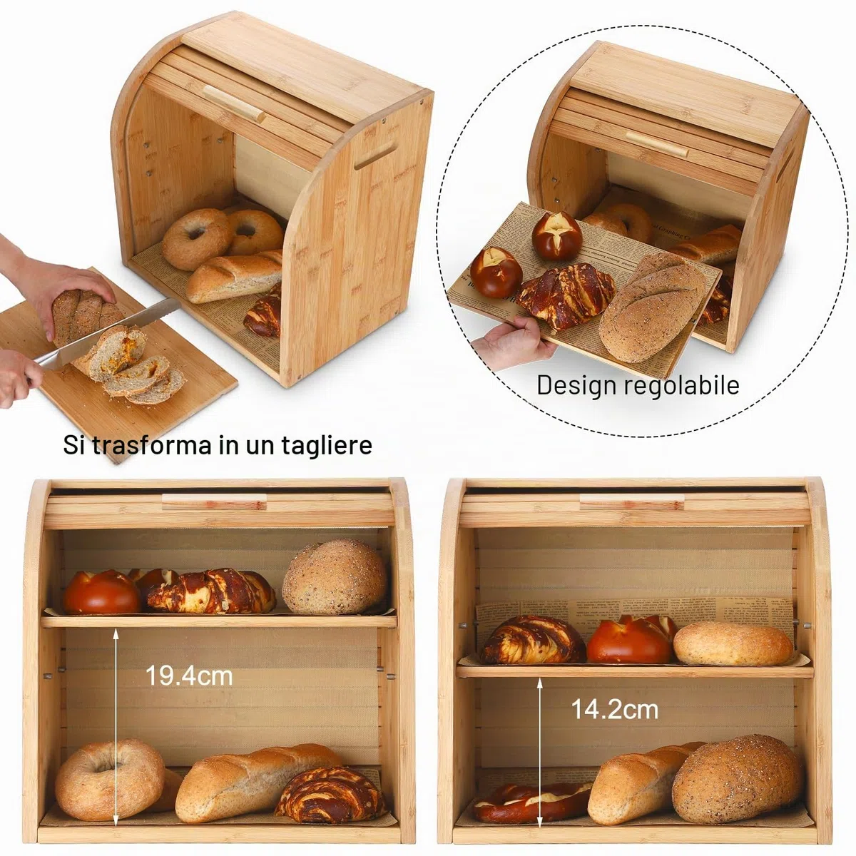 G.a HOMEFAVOR - Mobiletto per il pane, in bambù, a 2 ripiani, con ripiano rimovibile, montaggio fai-da-te