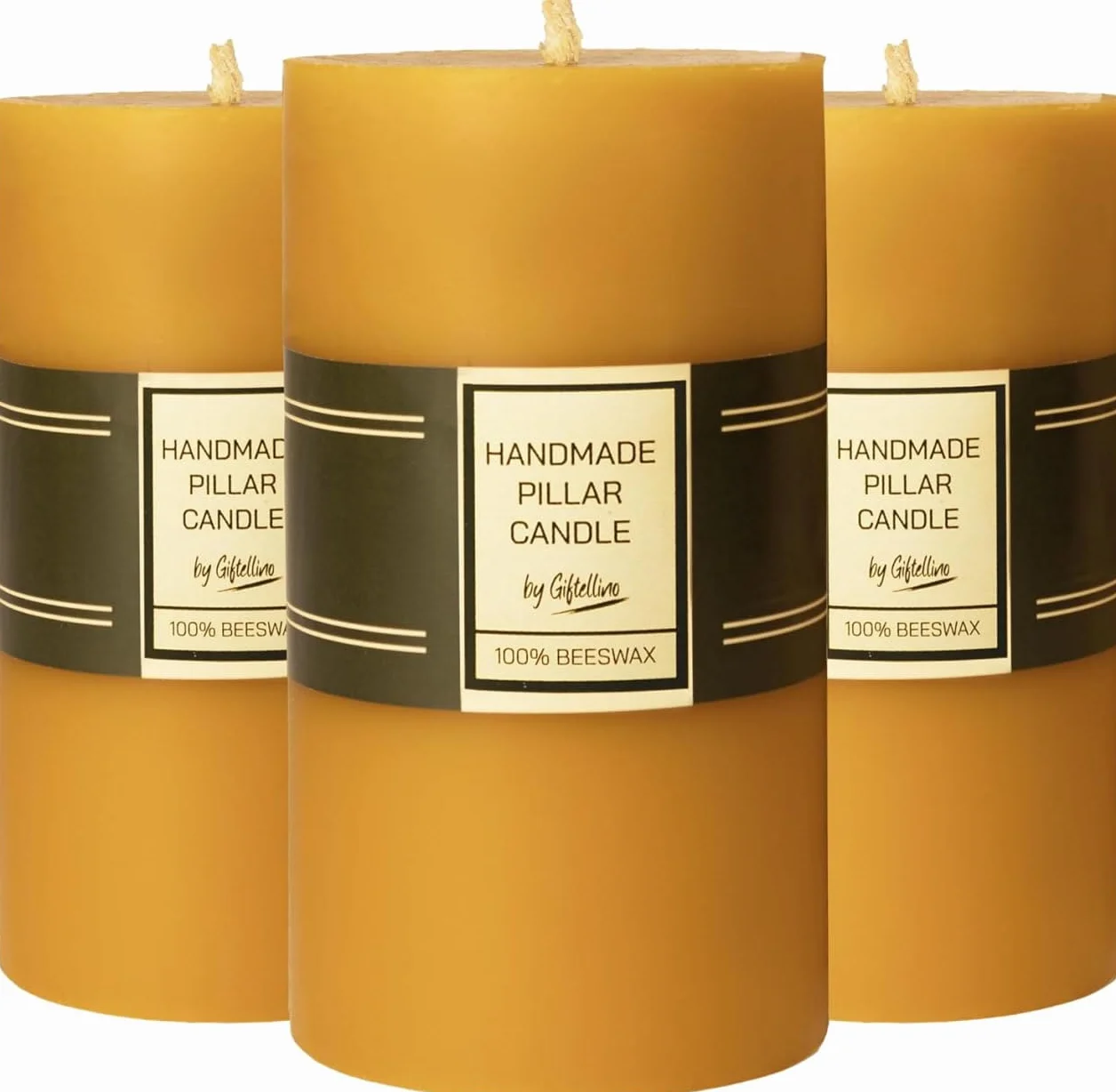 Set di 3 Candele a Colonna in 100% Pura Cera d'Api - Durata di 21 Ore - Candele a Colonna con Stoppino in Cotone - Candela Senza Profumo - Pilastri in Cera d'Api Senza Gocce - Set of 3 Pillar Candles