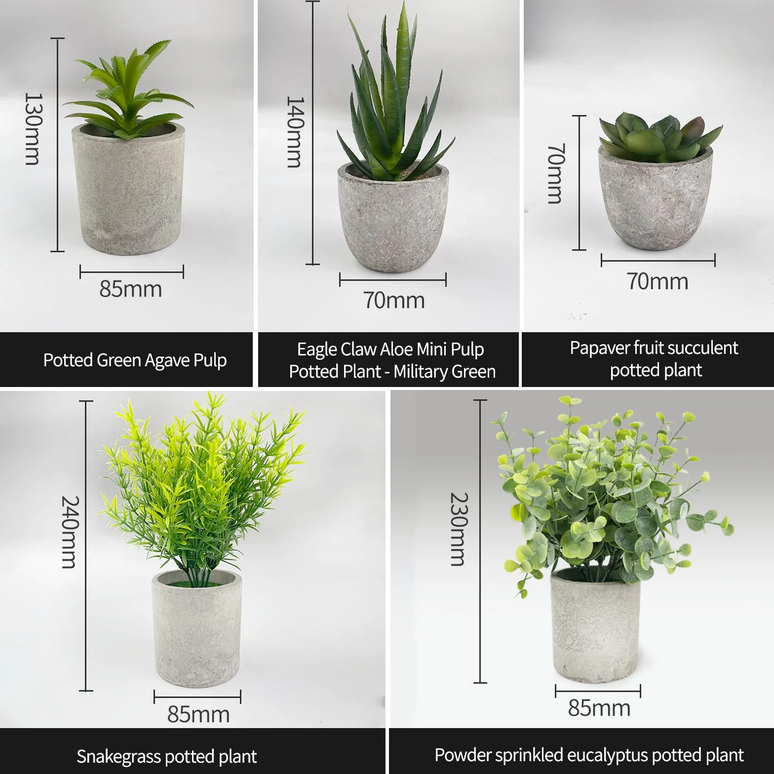 5 Pezzi Piante Artificiali, Mini Piante finte Serpentine, Eucalipto, Agave Succulente, Aloe Artiglio d'Aquila, Piante artificiali da Interno e da Esterno per Camera da Letto Ufficio
