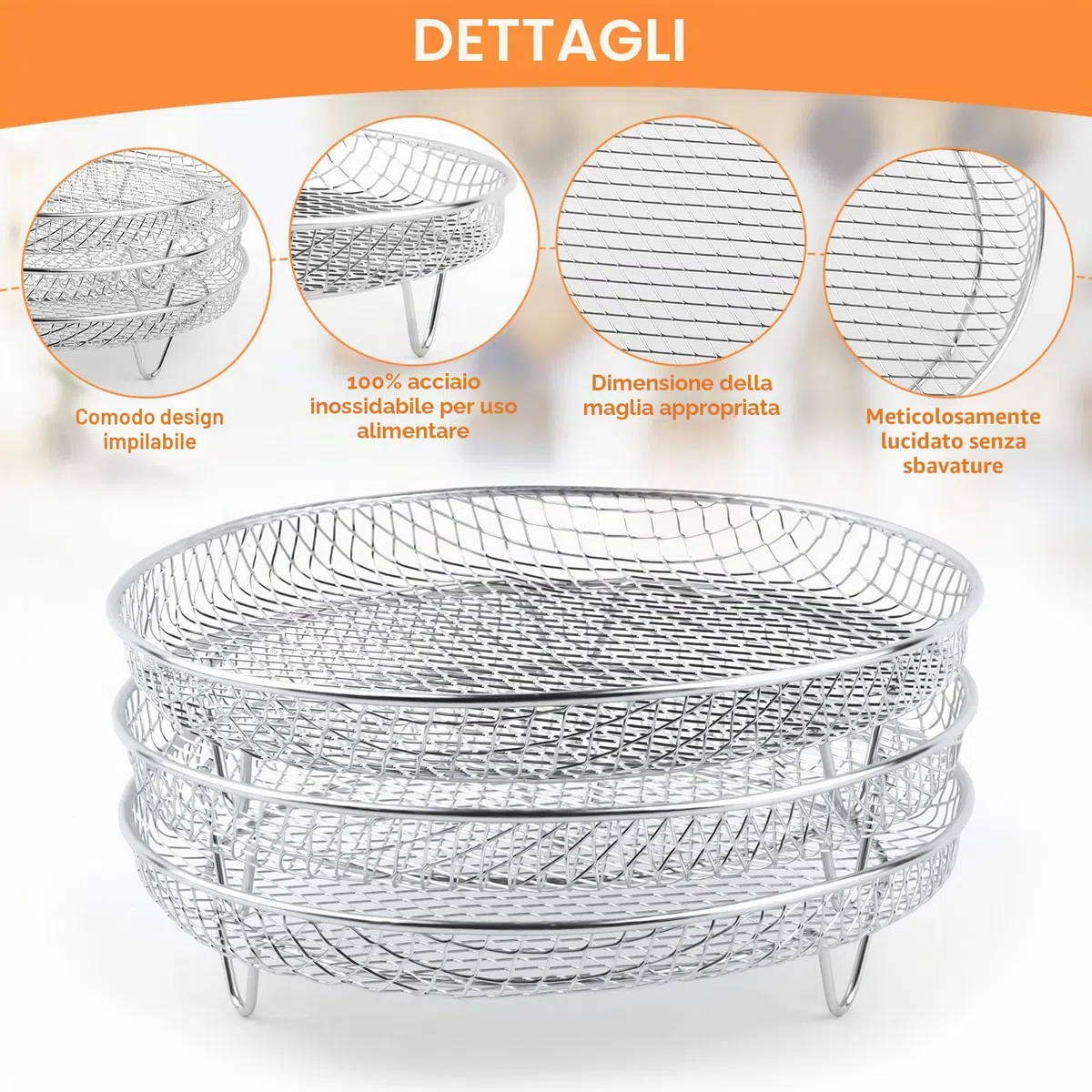 3 Pezzi Cestelli per Friggitrice ad Aria, 3 Pezzi Rack per Disidratatore Multistrato in Acciaio Inossidabile, Accessori per Friggitrici Ad Aria
