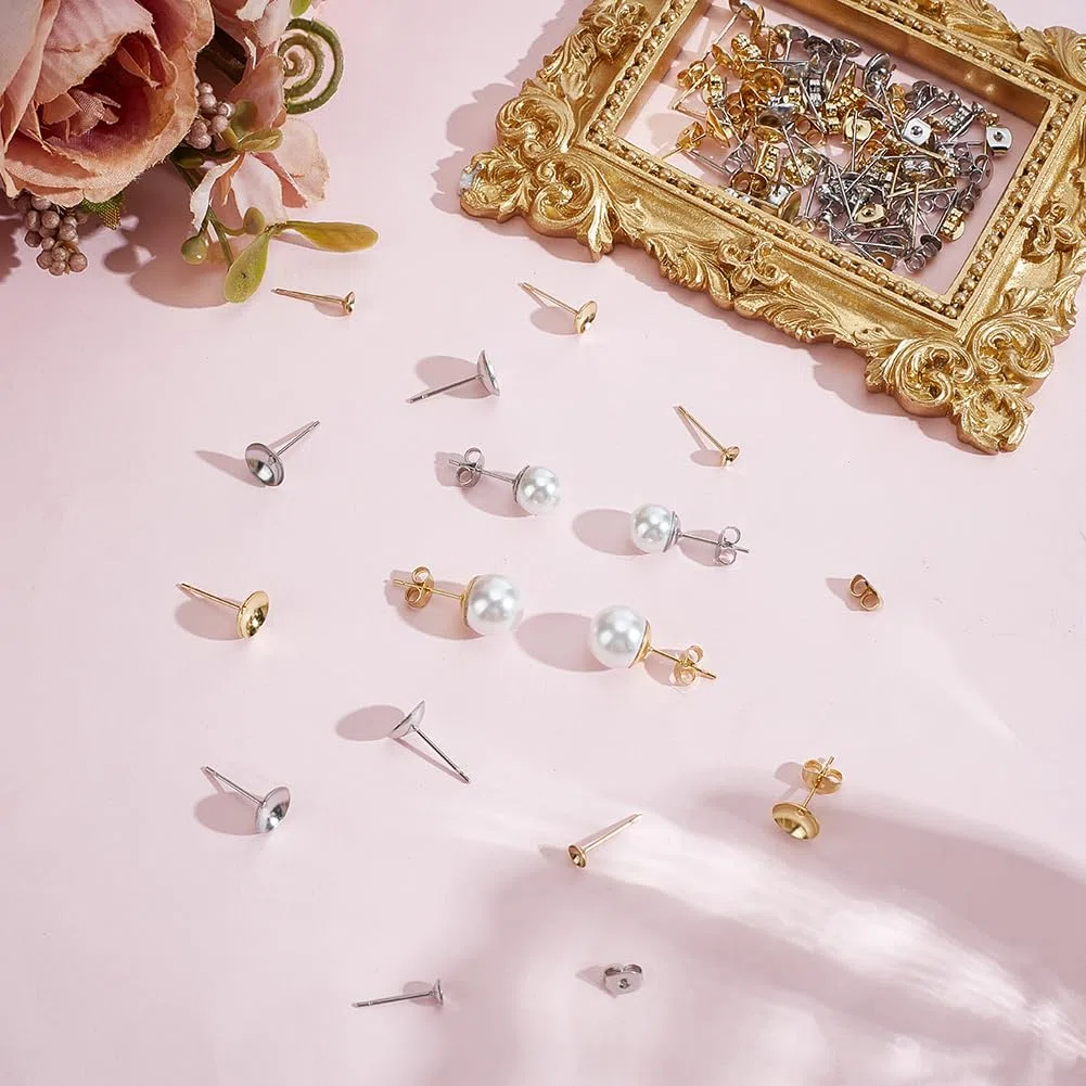 1 scatola Da 140 pezzi Da 4/6/8mm In Acciaio Inossidabile per Orecchini Perni per Orecchini Vuoti con Base Semicircolare In Oro e Argento per La Creazione di Gioielli Fai Da Te Artigianato Do
