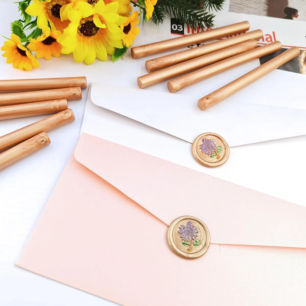 Bastoncini di ceralacca per colla a pistola, ideali per sigilli di cera, lettere, biglietti di auguri, confezioni di vino, artigianato e inviti di nozze, confezione da 20 (oro chiaro)