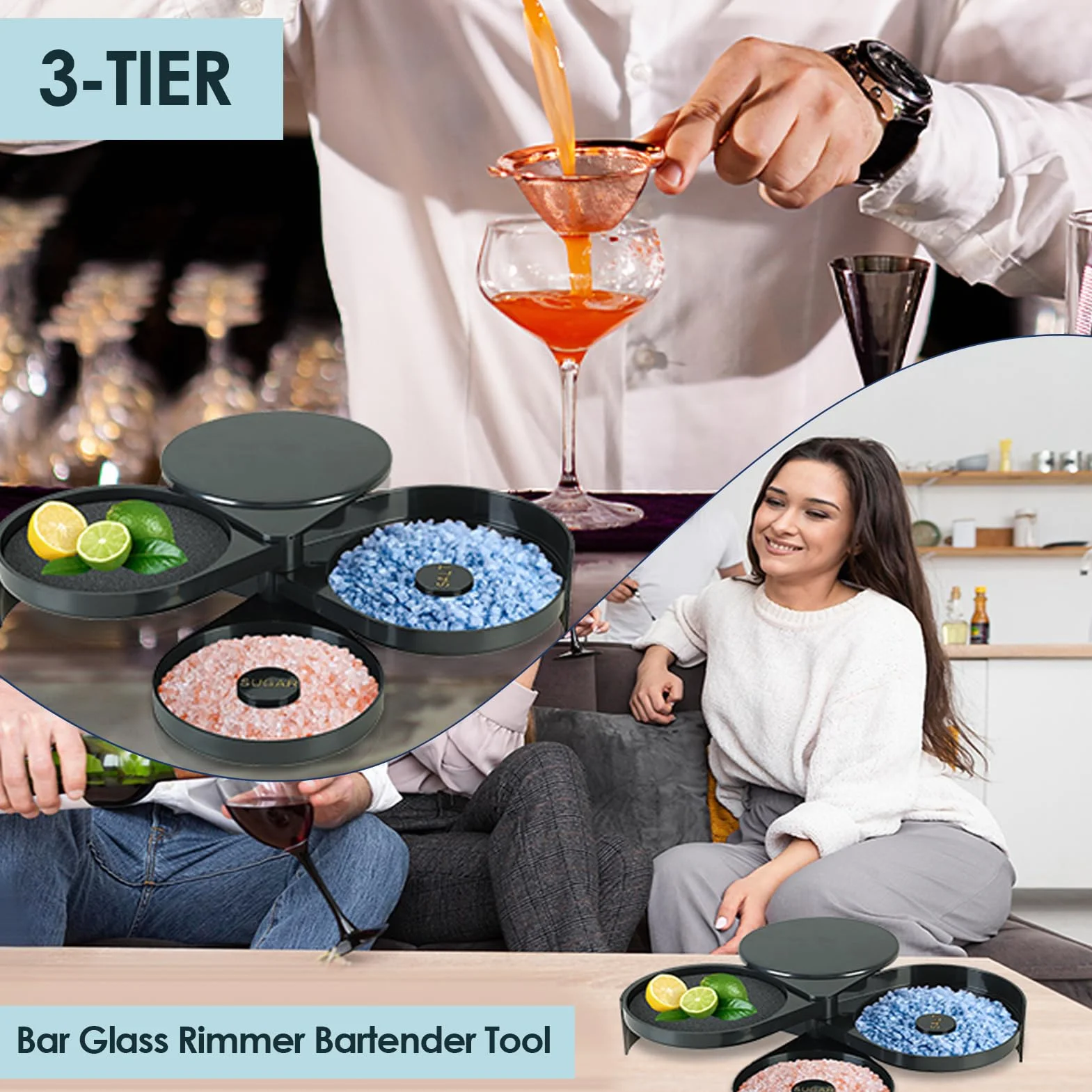 Porta Sale, Zucchero e Lime in Vetro con 3 Scomparti - Accessorio Bar per Cocktail, Rimming, Decorazione Drink, Ideale per Feste e Uso Domestico