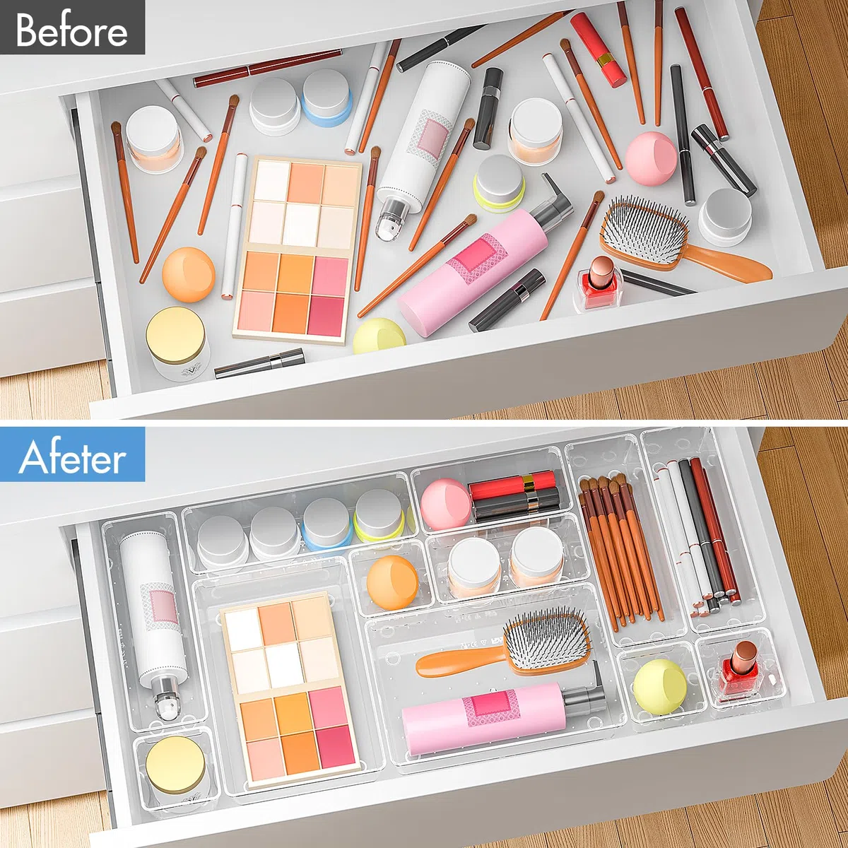 Organizer Cassetti 16 Pezzi, Contenitori per cassetti in Plastica Trasparente di 4 Dimensioni, Divisori per Cassetti Impilabili per Bagno, Cucina, Trucchi
