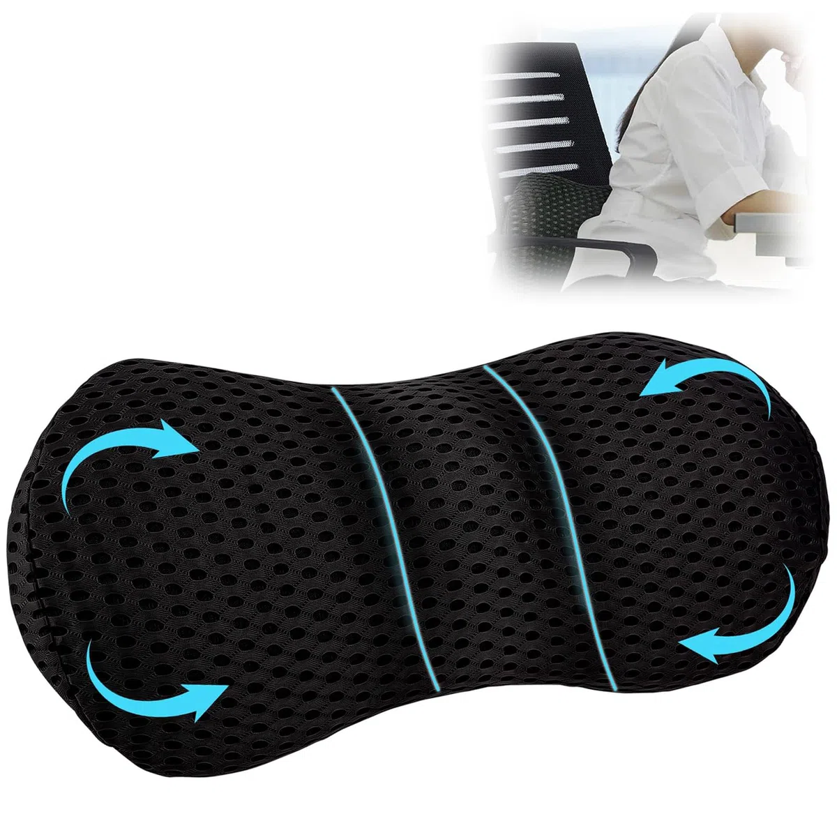 Cuscino lombare per sedia da ufficio, cuscino lombare ergonomico in memory foam, cuscino lombare con cuscino traspirante per auto, per sedili auto, sedia da ufficio, nero
