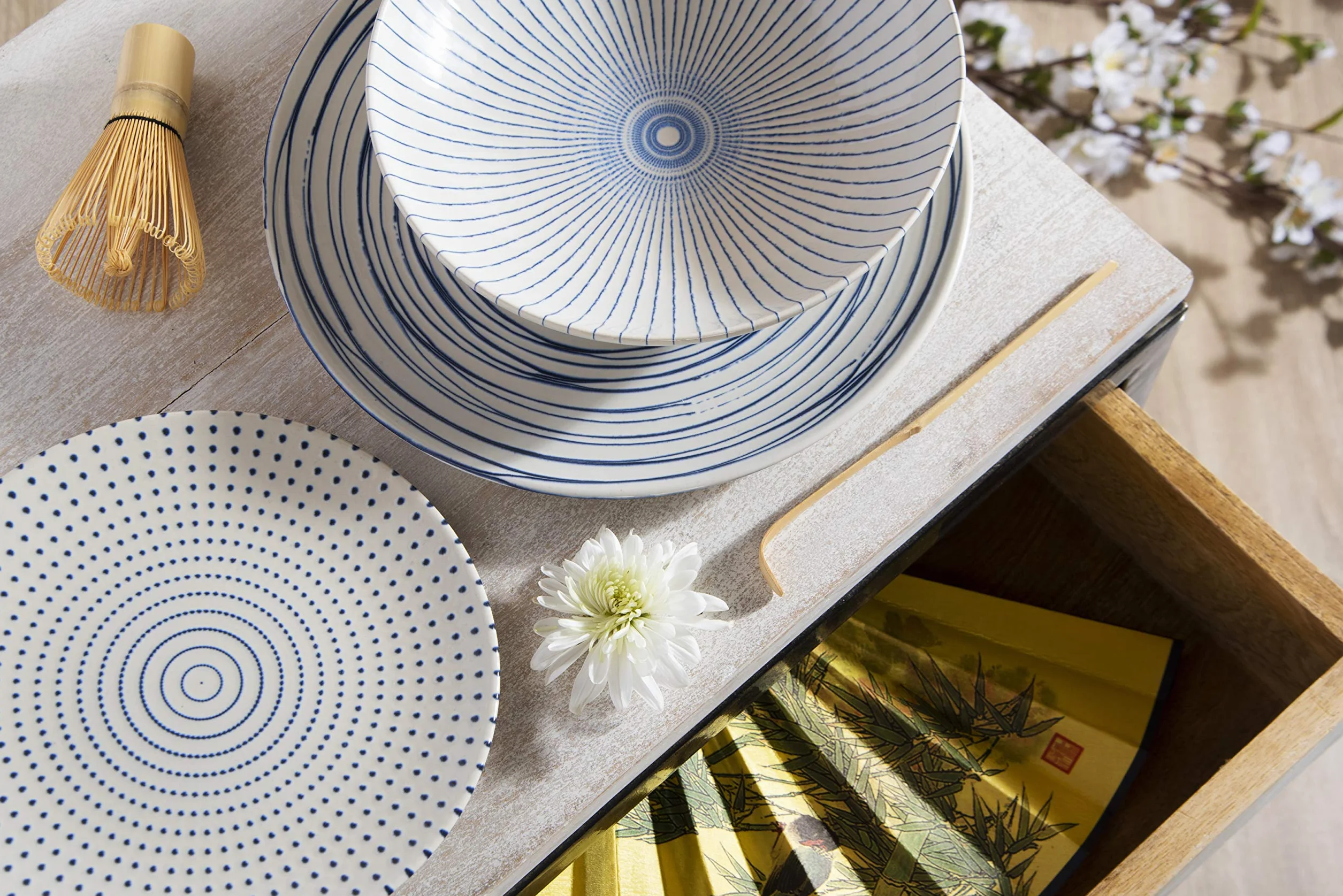 Excelsa Hanami Servizio Piatti 18 Pezzi, Ceramica, Bianco e Blu