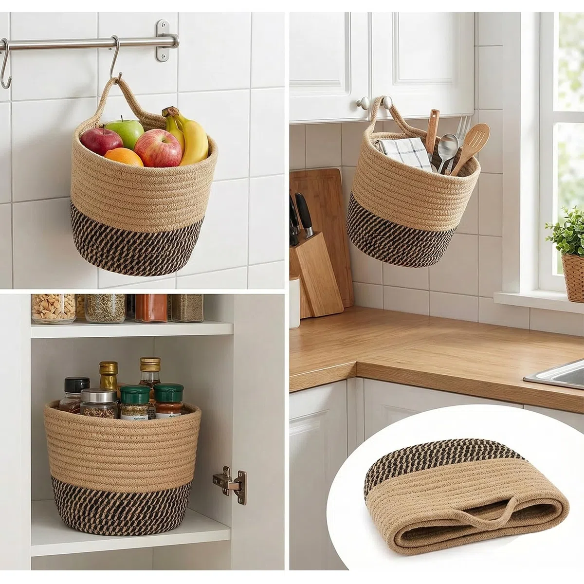 3 cestini portaoggetti con manico, 16 x 15 cm, in corda di cotone intrecciata, da appendere, piccoli cestini da parete, per cucina, bagno, soggiorno (marrone nero)