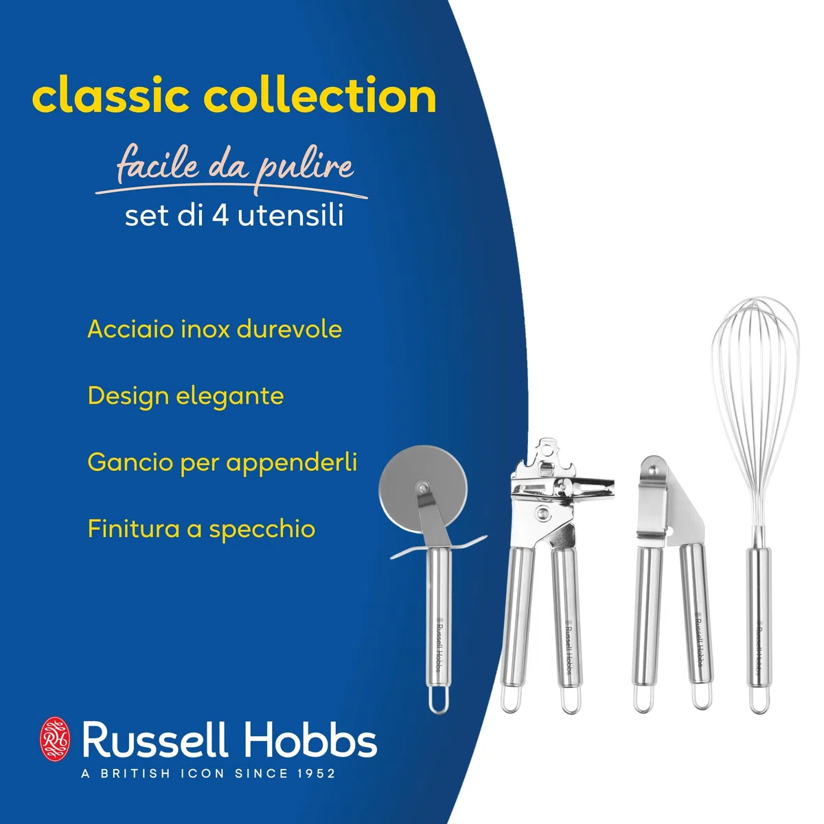 Russell Hobbs RH00124 - Set di articoli per cucina in acciaio inossidabile, argento, 4 pezzi,Comprende taglierina per pizza, frusta, pressa all'aglio e apribatti/lattine