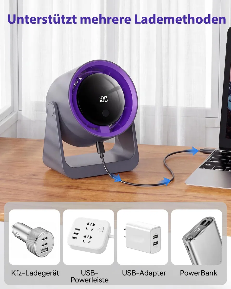 Timiyou Ventilatore da Tavolo Silenzioso con Batteria 2000mAh, Display LED, Regolazione Continua 1-100, Autonomia 12 Ore, Ricarica USB-C, Ventilatore da Scrivania Per Ufficio, Casa, Camera da Letto