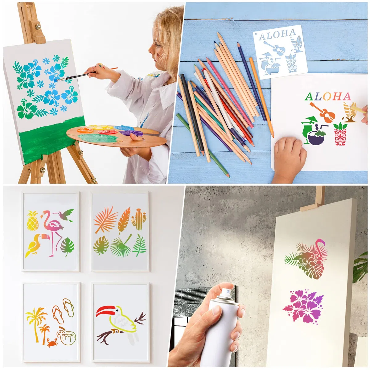 HOWAF Modello di Stencil a Hawaii, 16Pcs Plastica Fiore di Ibisco Stencil Fiori Fenicotteri Tucano Cocco Aloha Riutilizzabili Stencil per Artigianato Disegno Album di Ritagli Parete,14,7 x 14,7cm