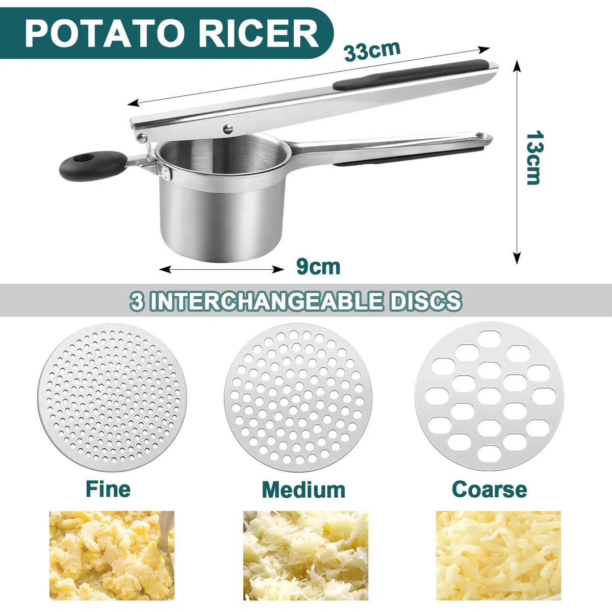 VFANDV Schiacciapatate Manuale in Acciaio Inox Con 3 Setacci Spaetzle Intercambiabili per Purè di Patate, Frutta, Verdure e Bébé