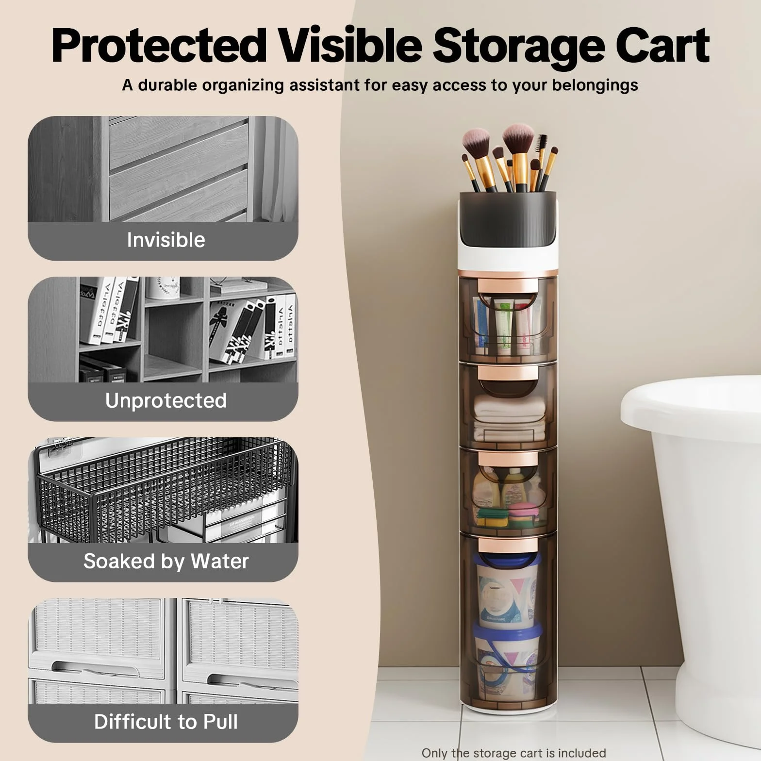 Armadietto mobile da bagno sottile con 4 cassetti, piattaforma superiore con 3 scomparti