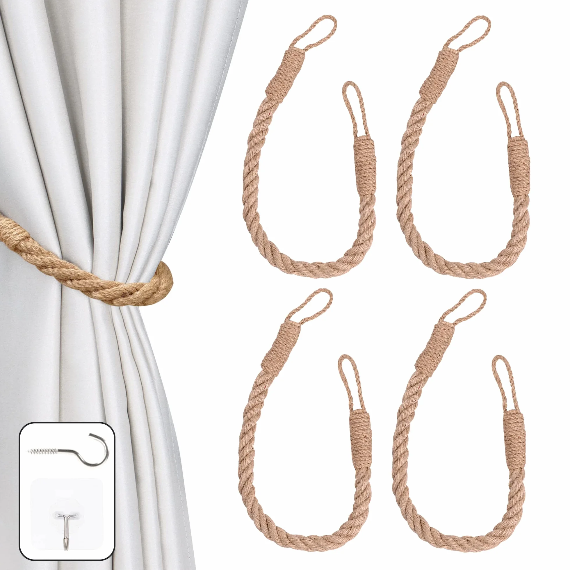 4 fermatende con corda di canapa intrecciata, decorativi fatti a mano, per tende (kaki)