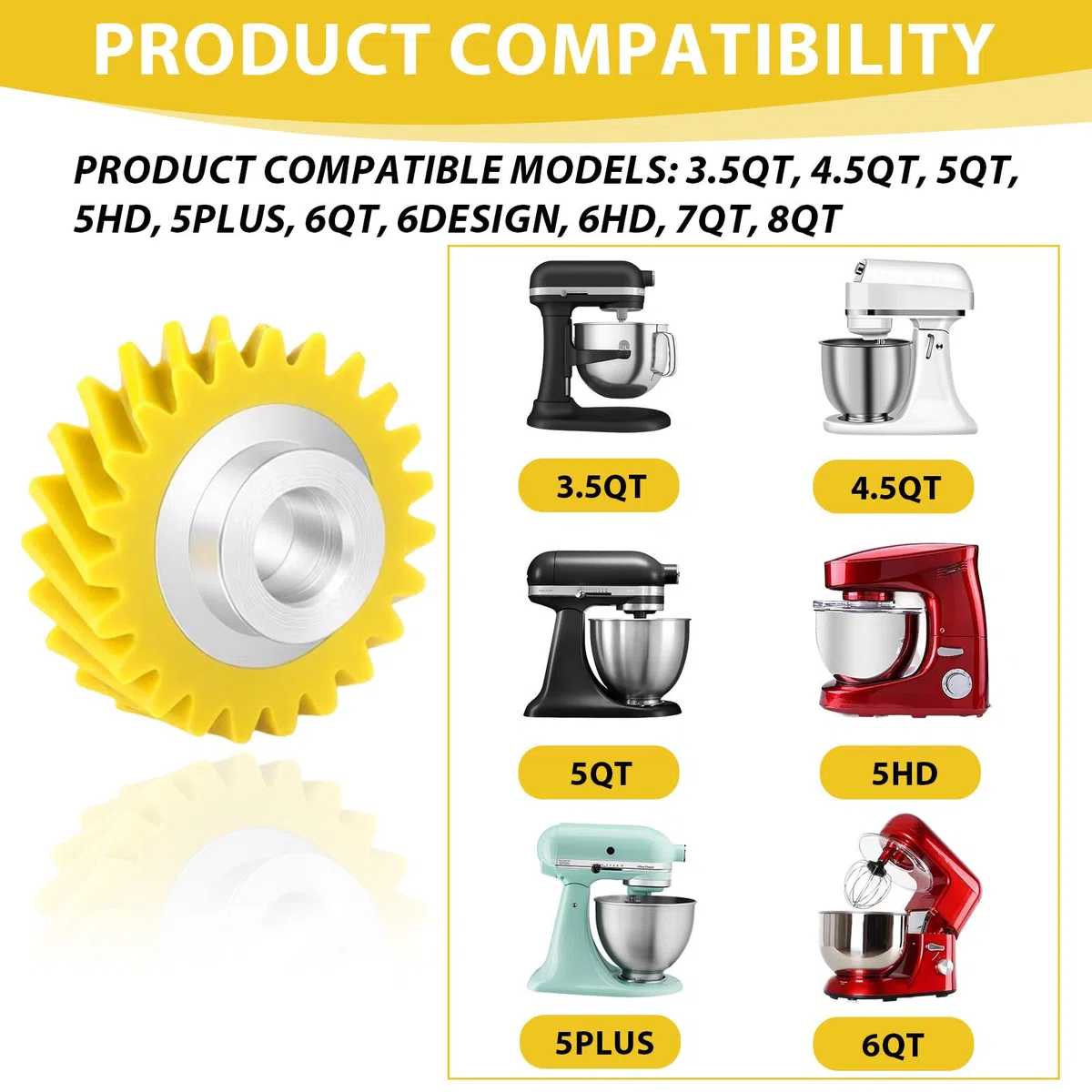 Ingranaggio a vite senza fine di ricambio compatibile con Kitchen Aid Bowl-Lift/Tilt-Head Accessories, W10112253 Ingranaggio a vite senza fine di ricambio giallo, con 5KSM150 5KSM45 5KSM90 5KSM125
