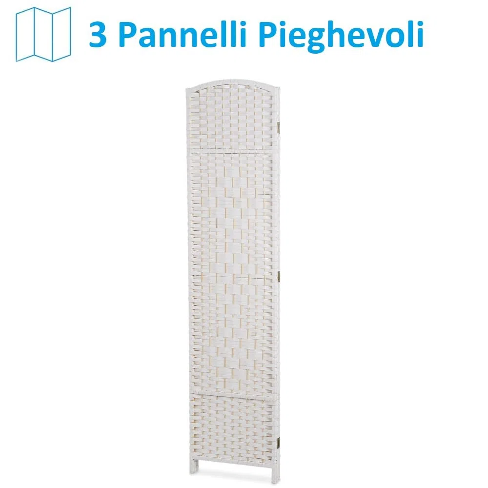 Paluplus Divisorio per Ambienti Pieghevole a 3 Pannelli, Misura 132x180 cm, Separè in Corda Intrecciata, Paravento Decorativo da Interno per Camera da Letto, Soggiorno, Ufficio -968F (Bianco)