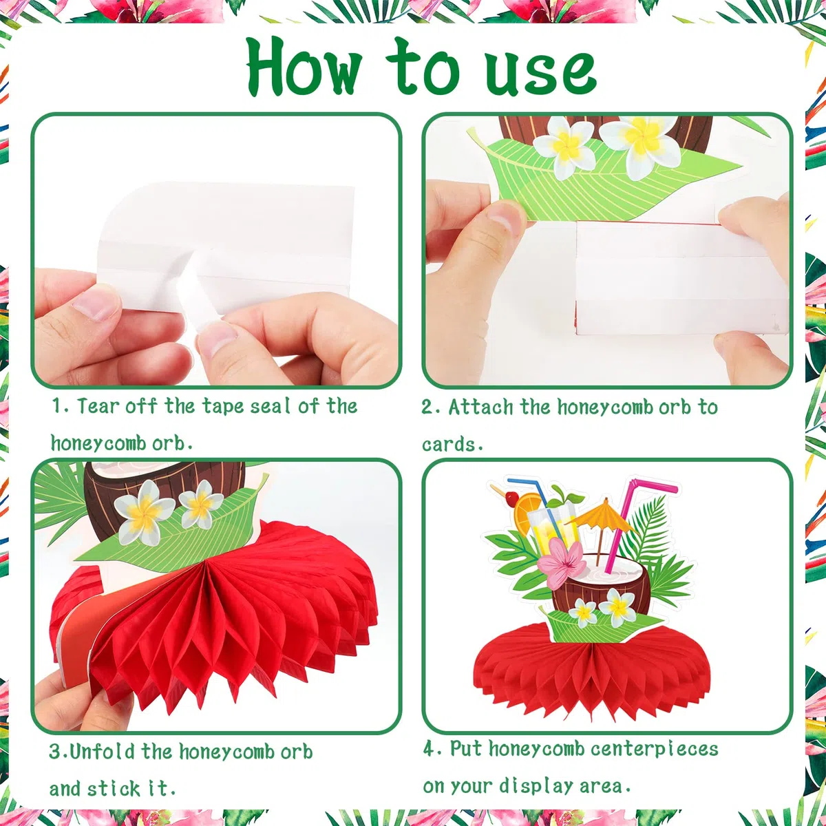 HOWAF 9 Pezzi Centrotavola Hawaiano, Aloha Decorazioni da Tavola Fenicotteri Rosa Ananas Noce di Cocco Centrotavola a Nido d'Ape Hawaiano Luau Tiki Centrotavola Tropicale 3D per Addobbi Festa Hawaiana