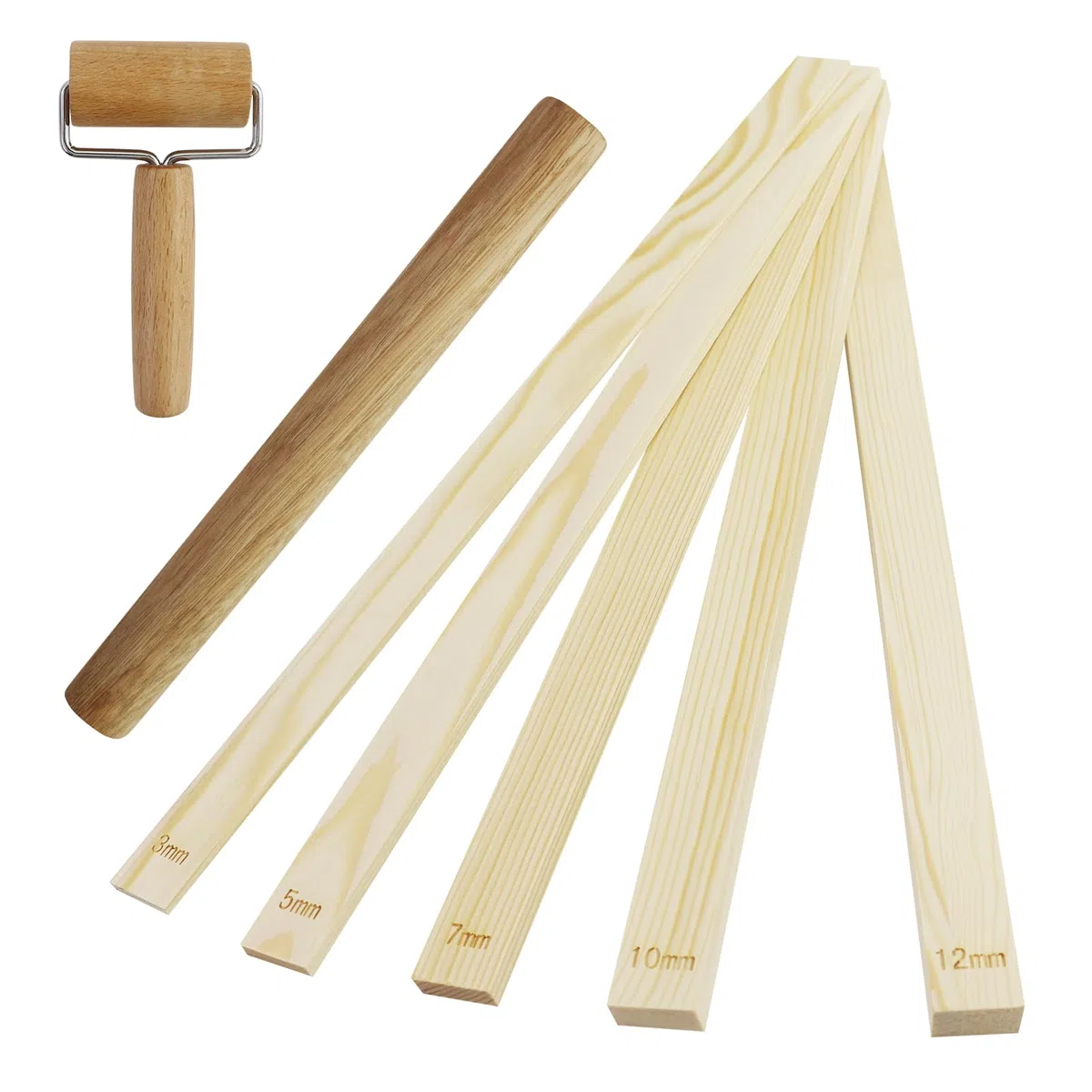11 Pezzi Spessori Mattarello con Bastone copertura(3 /5/7/10/12 mm),Guide Mattarello in Legno,Set profondità in argilla polimerica,Strumenti in Ceramica Rettangolari,per argilla