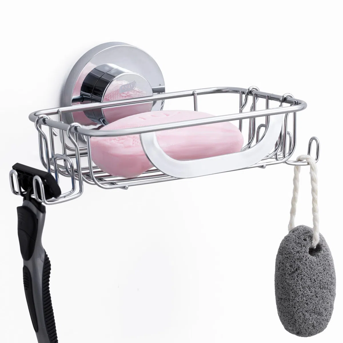 TAILI Tazza di Aspirazione per Portasapone con Ganci, Portasapone per Parete Doccia, Vassoio Salvasapone per Bagno, Portaspugna in Acciaio Inox per Cucina, senza Trapano, Argento