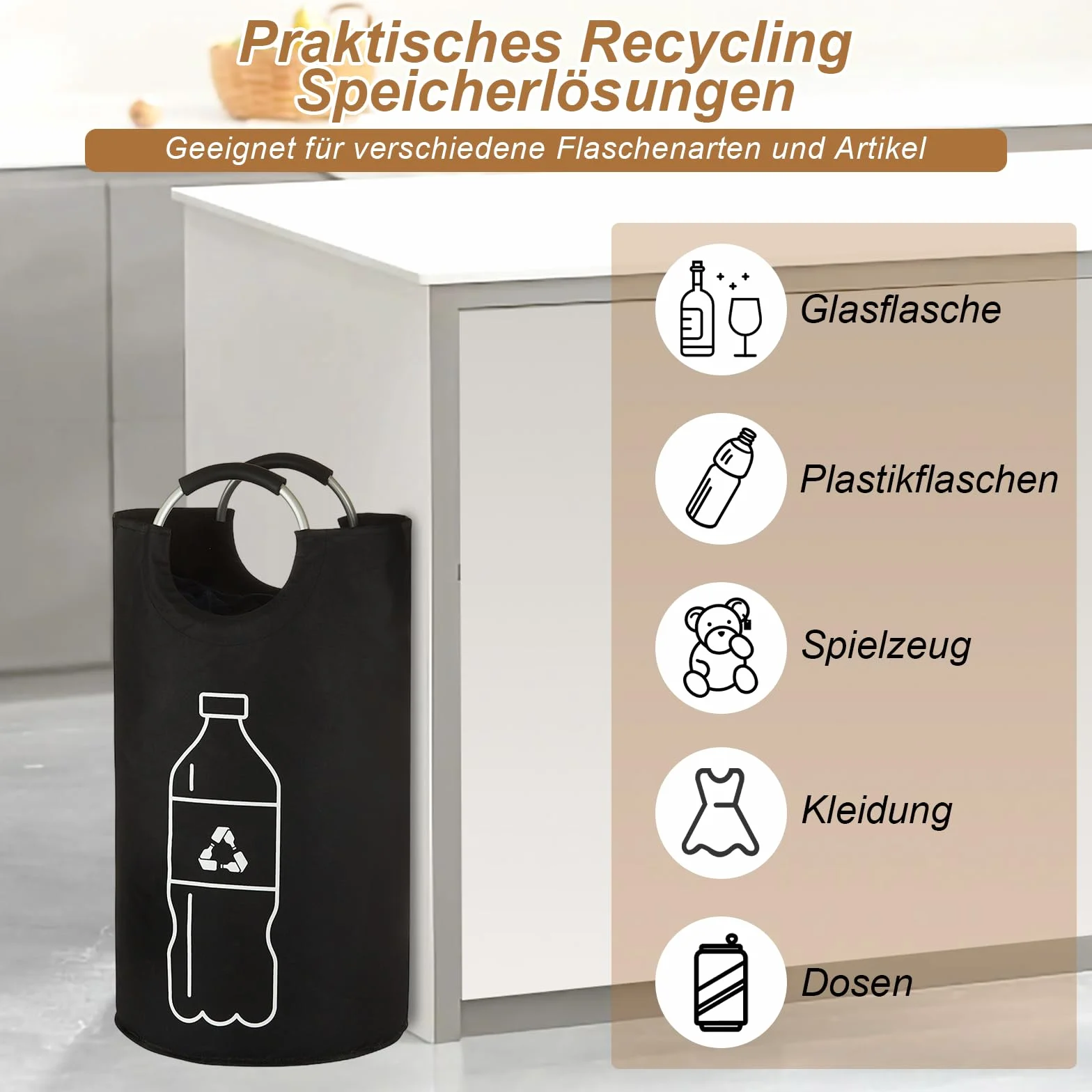 Raccoglitore di Bottiglie 115L, Pattumiera Differenziata per Carta Plastica Vetro, Contenitore Cucina con Manico in Alluminio—Nero
