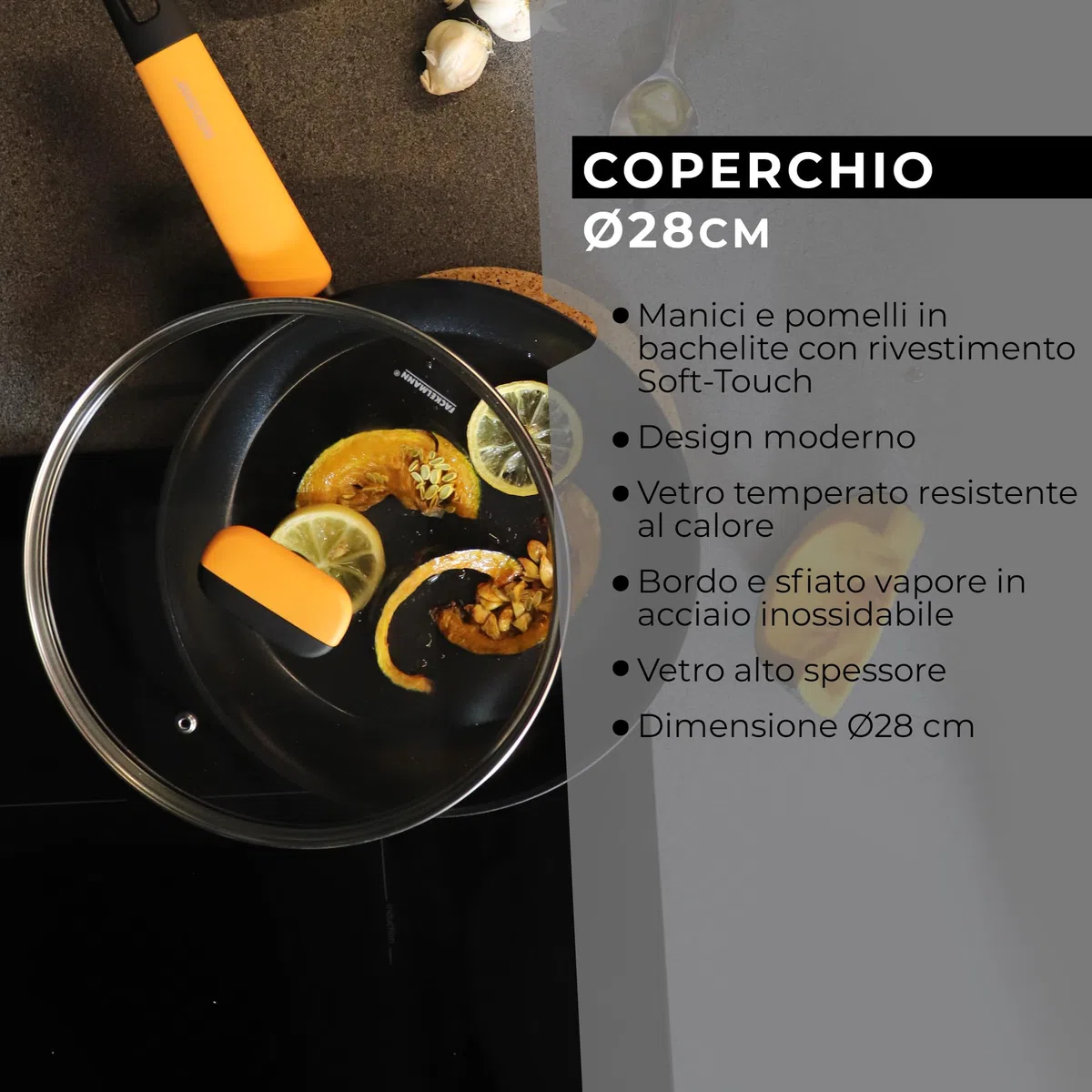 Fackelmann Coperchio in vetro temperato Ø28 cm, foro per la fuoriuscita del vapore, pomello anti-scottatura, spessore vetro 4 mm, Linea Soft Collection