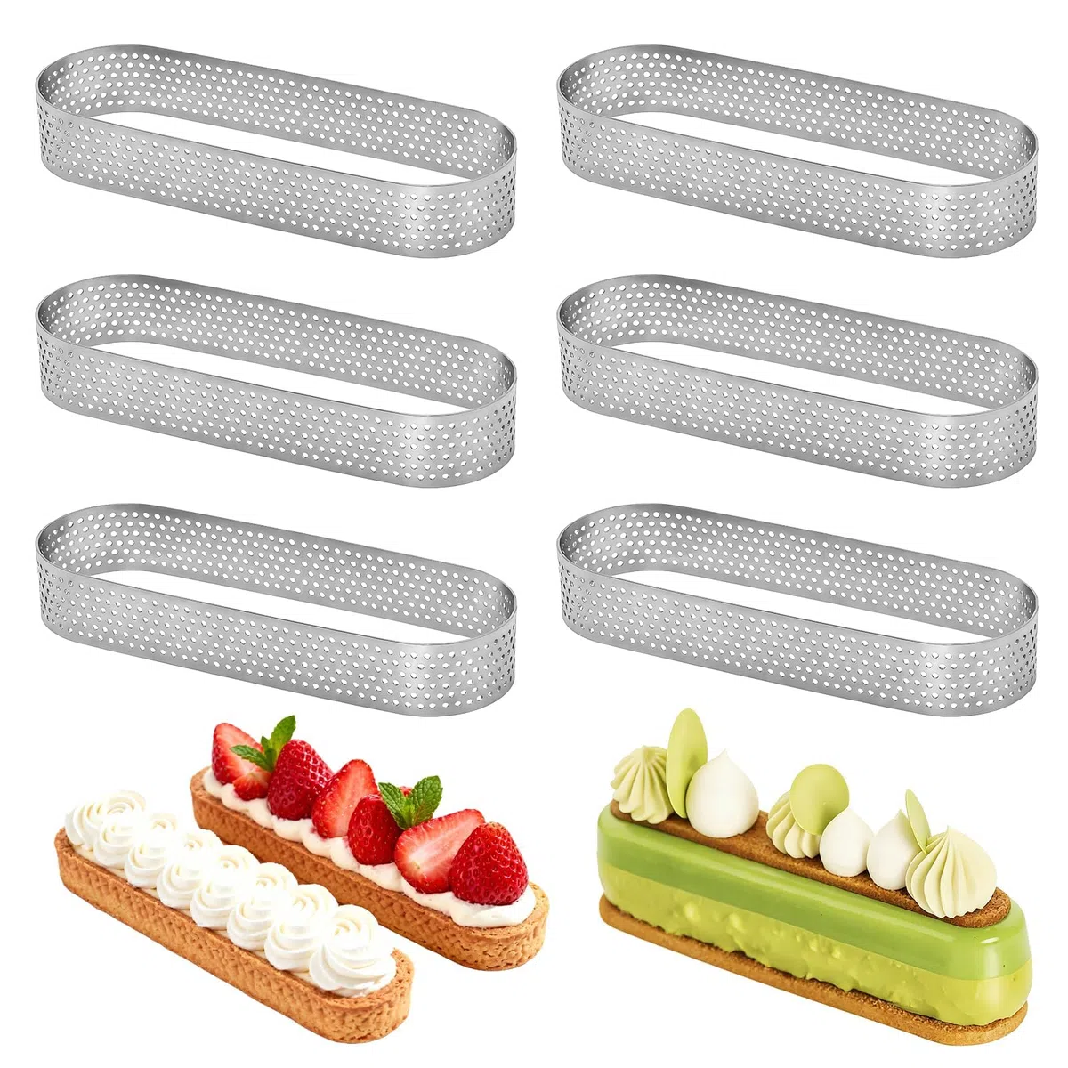 Set di 6 anelli per torta in acciaio inox, ovali, 13 x 4 x 2 cm, resistenti al calore, perforati per mousse, torte, tortine e dessert, durevoli, antiaderenti, ideali per idee creative
