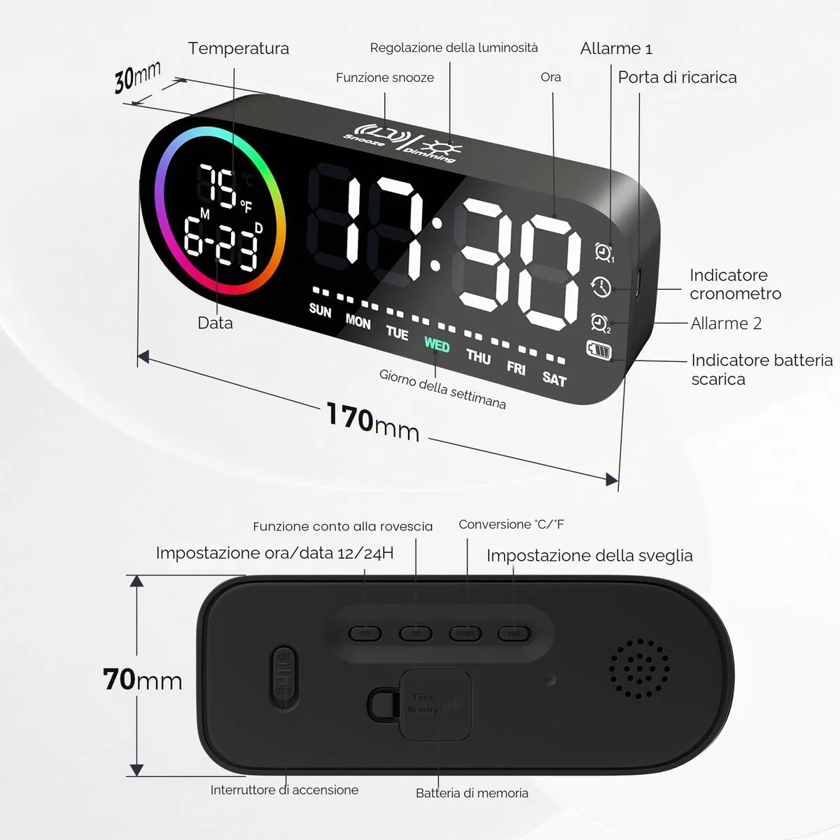 Vinabo Sveglia digitale con luce notturna a 7 colori, 4 livelli di luminosità, ampio display a LED della temperatura, controllo vocale, 12/24 ore, porta USB, snooze, memoria di spegnimento (Nero)