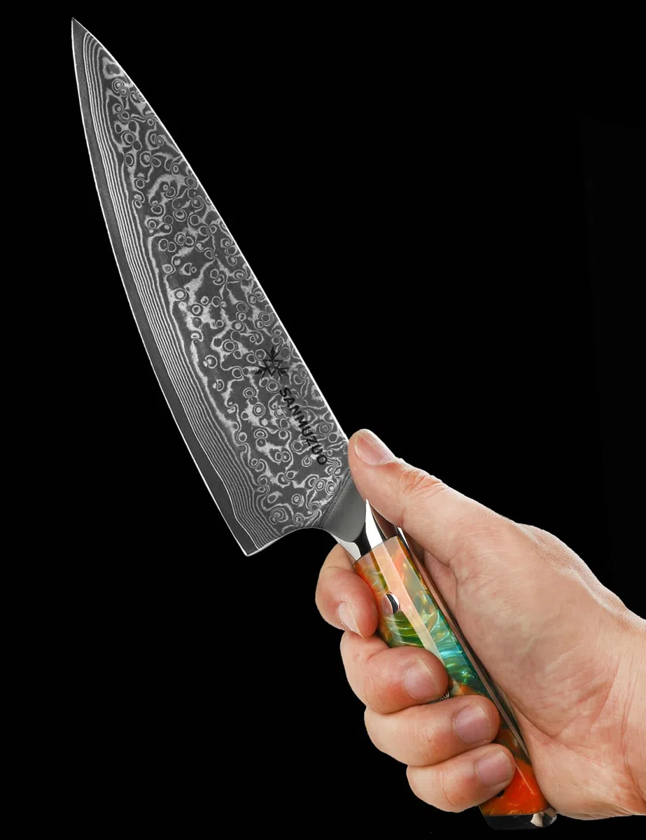 Coltello da chef Professionale - Coltello da Cucina 20 cm, Coltello da Cuoco Acciaio Damasco da 67 Strati- Impugnatura Ergonomica Resina - Xuan Series(Fantasy Orange)