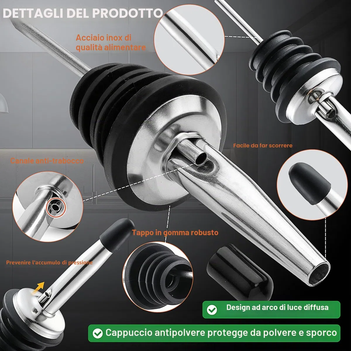 Versatori In Acciaio Inox,6 Pezzi Stainless Steel Liquor Pourer Versatore da Bottiglia con Tappo Versatori Cocktail Metal per Liquore Olio Cocktail Vino Succo Sciroppo Aceto