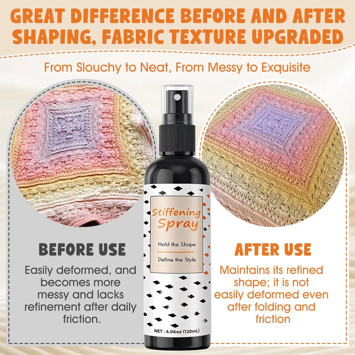 Indurente per Tessuti, Spray Indurente per tessutis, Amido per Tessutis, Mantiene la Forma a Lungo, Adatto a Diversi tessuti, Tra Cui Cotone, Lino, Seta e Filati, 120ml