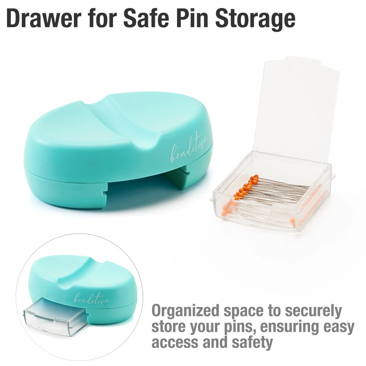 Beaditive Puntaspilli magnetico con cassetto, forte supporto magnetico per cucito, 50 spilli con testa in vetro inclusi, elegante portapillole per spilli da cucito, graffette (turchese)