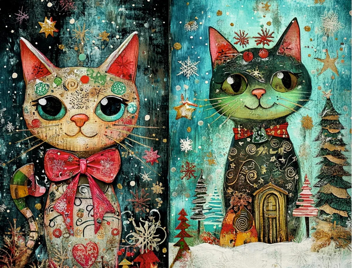 Carta di riso per decoupage con gatti natalizi, 21 x 26,5 cm, 6 fogli | 6 disegni unici | Design natalizio versatile per progetti artistici e artigianali CRAFT KREATIVELY