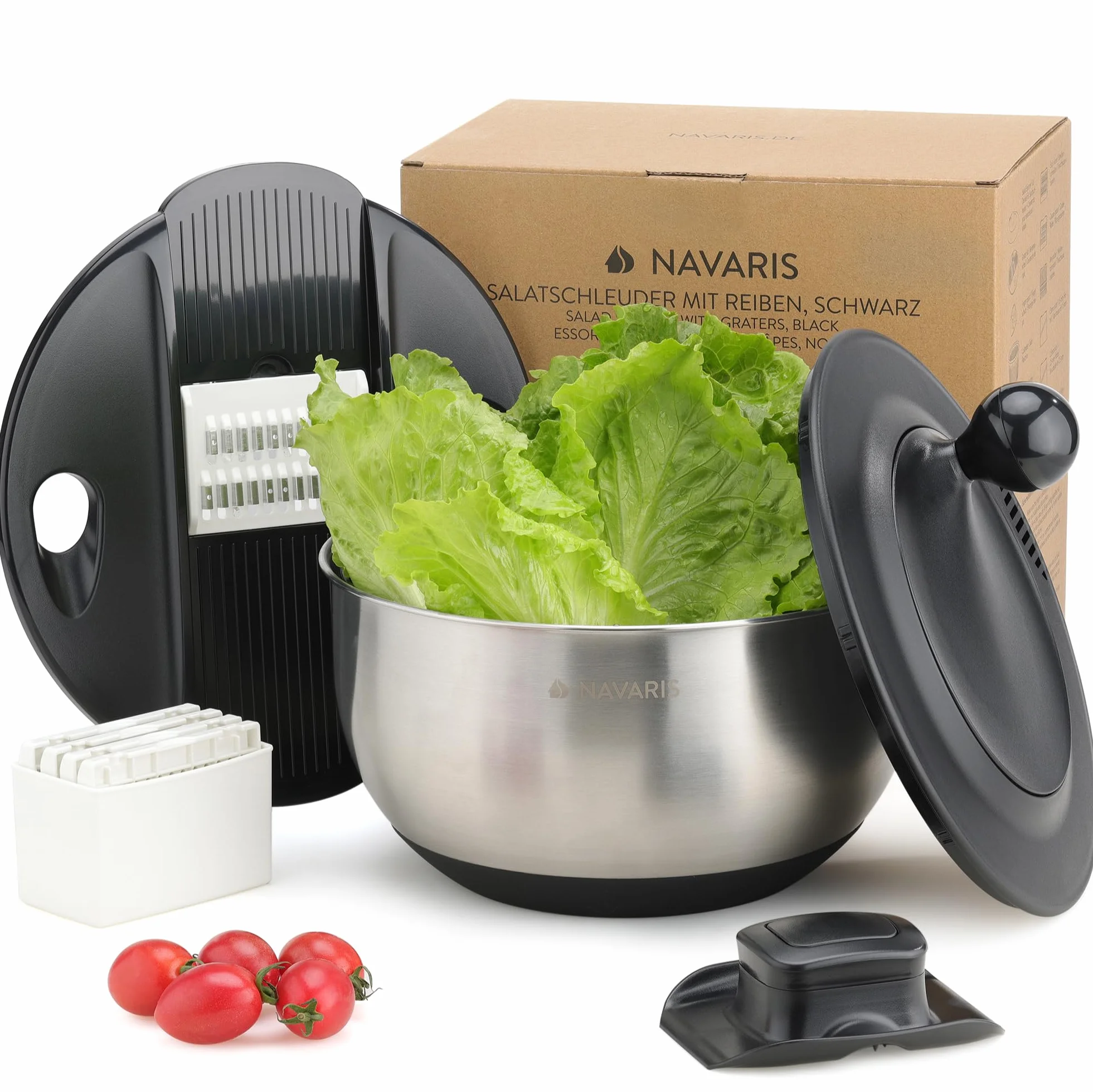 Navaris Centrifuga per Insalata con Coperchio - Gira Insalata in Acciaio Inox - Asciuga Insalata - Lavaggio Asciugatura e Rotazione Facili - con Dischi per Grattugiare e Tagliare