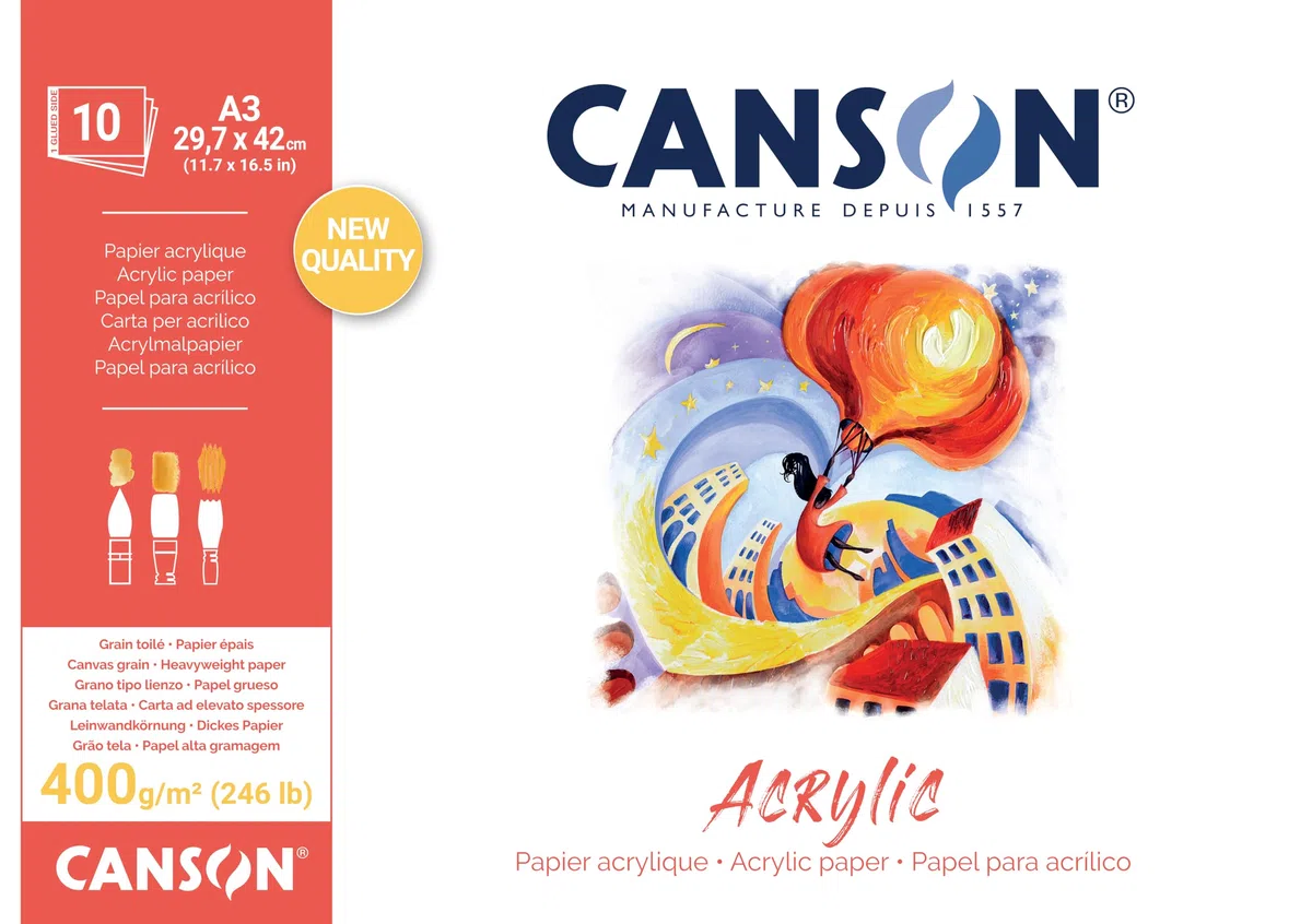 Canson Acrylic, Blocco Carta per Colori Acrilici Grana Telata, A3, 400gm, 10 Fogli, Collato un Lato