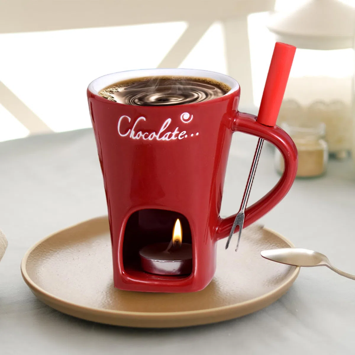 Generico Tazzas per Fonduta al Cioccolato con Forchette, Tazzas per Sciogliere Il Cioccolato, T-azzas da caffè in Ceramica, Set di Candeles da tè E Pentolino per Riunioni di Famiglia