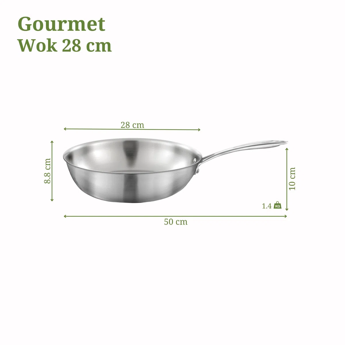 Cuisinox - Gourmet - Wok 28 cm in acciaio inox - Triply - Compatibile con tutti i piani cottura inclusa induzione - Acciaio inossidabile 18/1 - Finitura satinata - Manico fisso - Senza PFAS, PTFE