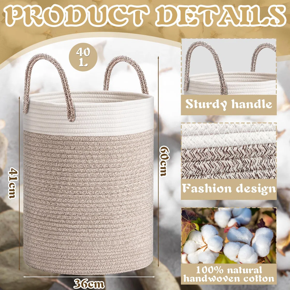 ZLPBAO XXL Cesto Portabiancheria Sporca Intrecciato in Cotone con Manico, Portabiancheria Grande, Cesto Portabiancheria Pieghevole Cesta Panni Sporchi per Lavanderia Bambini Bagno Giocattoli Coperte