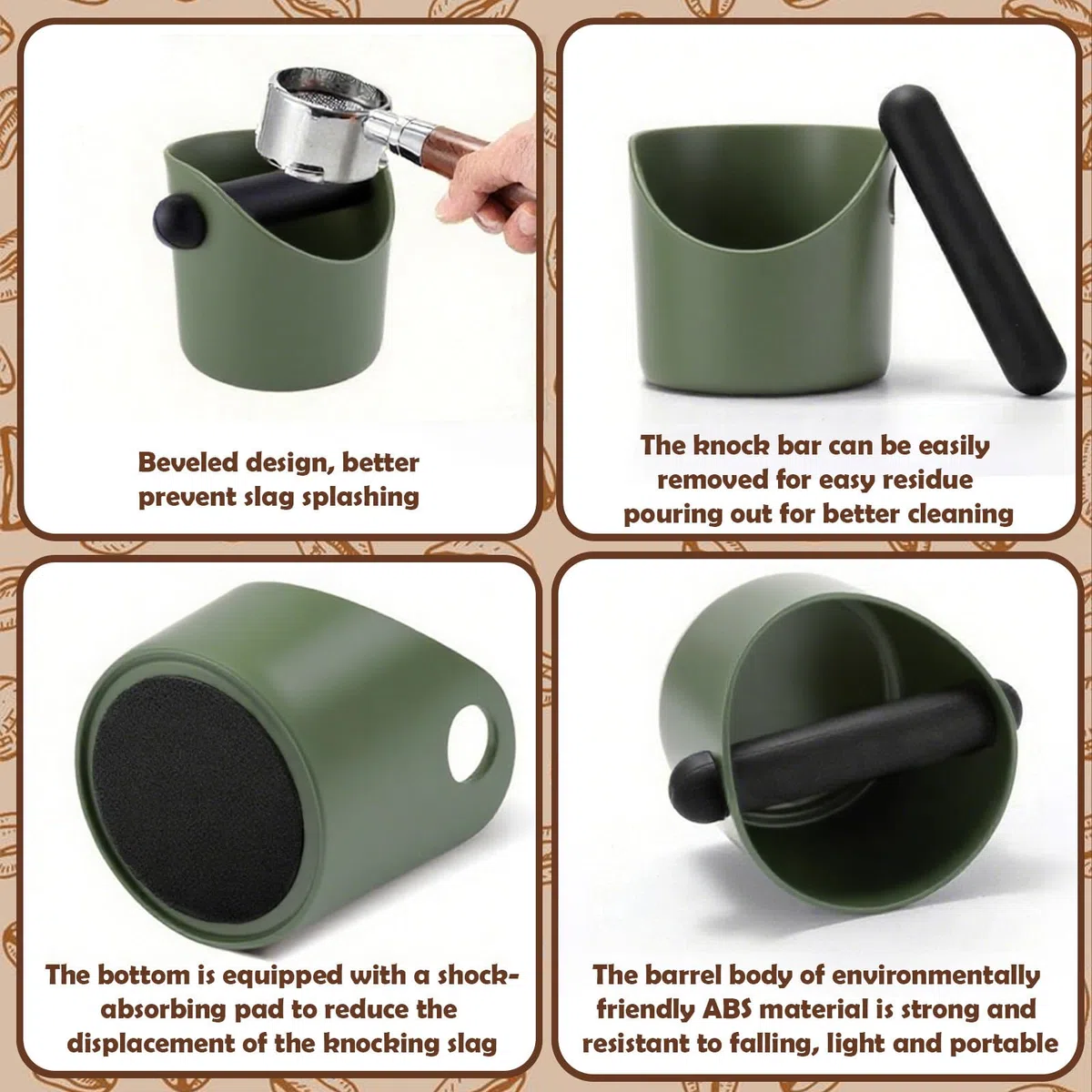 0.45L Scatola per Fondi di Caffè Verde Militare,Knock Box Compatto con Barra Antivibrante e Base Antiscivolo, Accessorio per Macchina Espresso e Barista