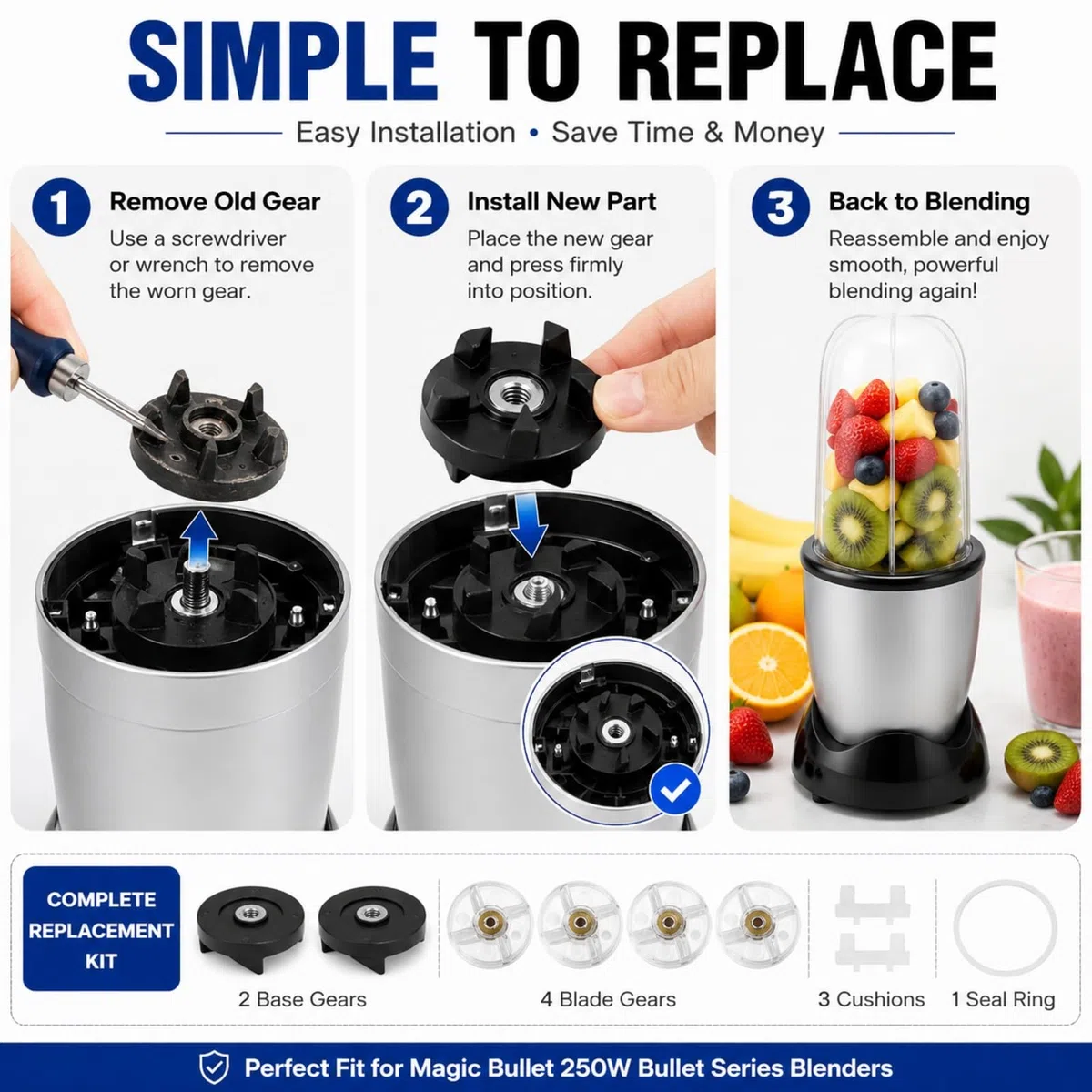 Magic Bullet 250W Lama Sostituzione ingranaggio lama 2 Ingranaggi base e 4 Ingranaggi lama 3 Cuscino 1 Guarnizione Anello circolare Parti ingranaggio lama Accessori (Combination 2)