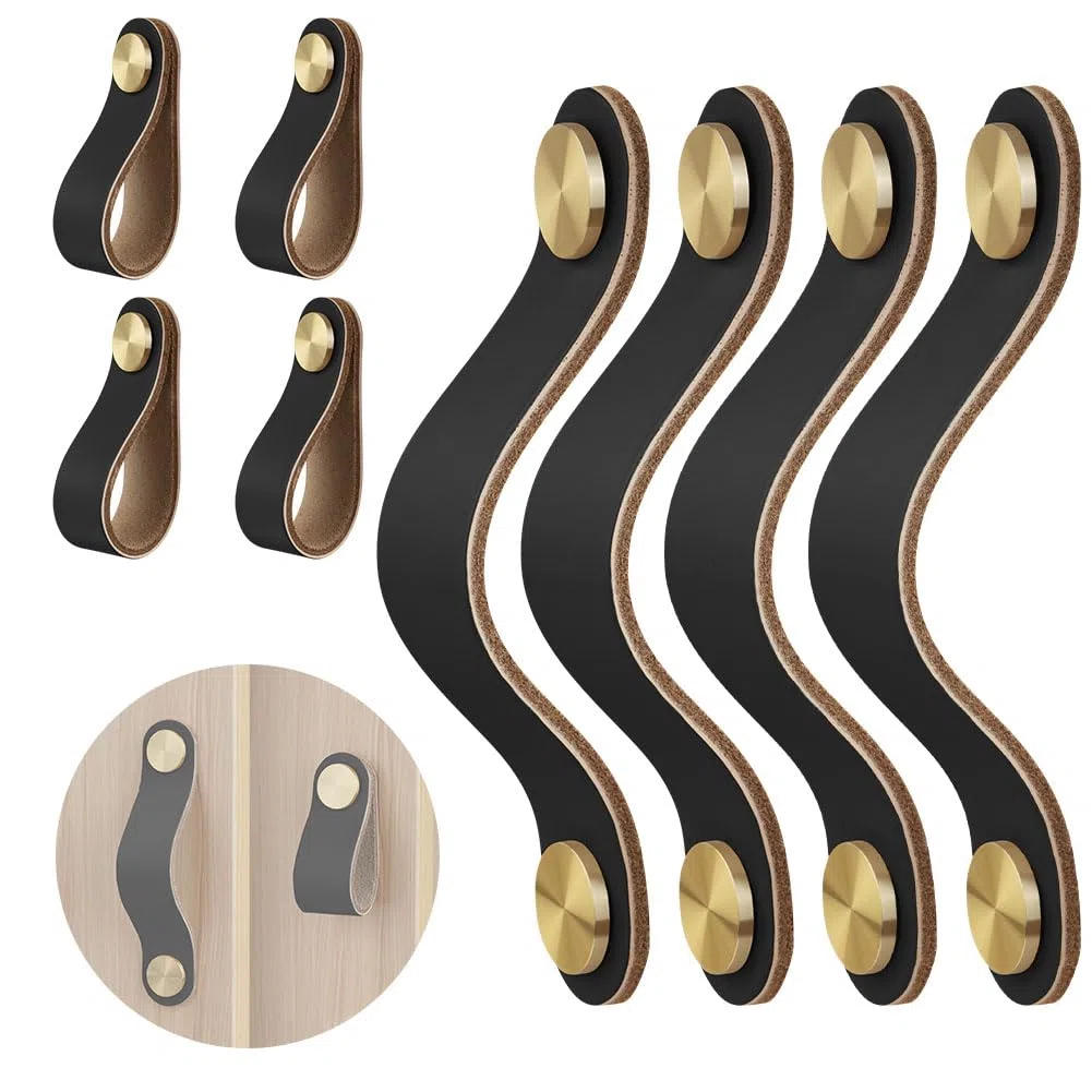 Flintronic 4 Pezzi Pomelli per Mobili in Pelle, morbida pelle PU Fatte a Mano, per Manopole e Armadi(Nero-25 x 138mm)
