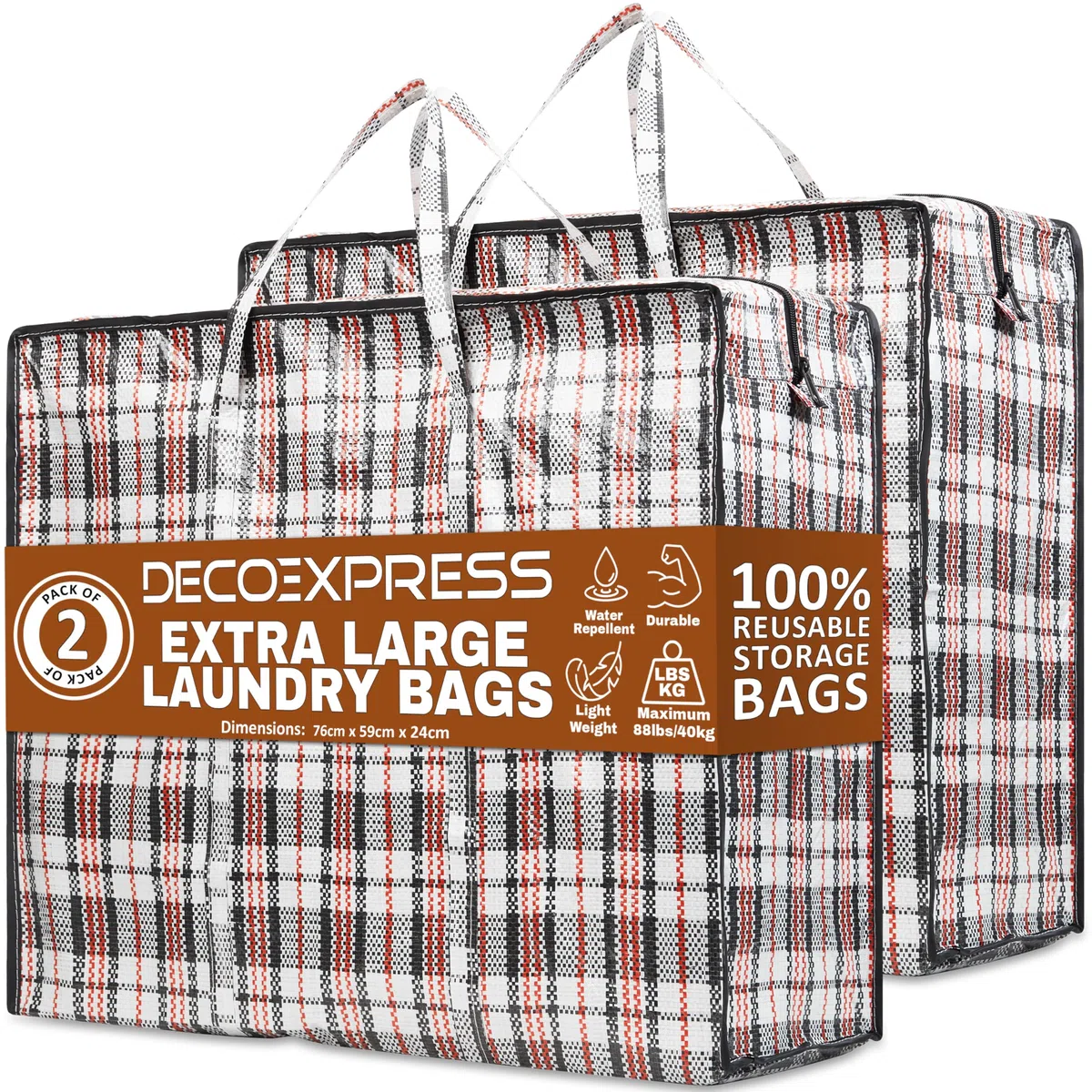 Deco Express Borse Salvaspazio Grandi 107L, 76x59x24 cm, Pack da 2 Borse Trasloco Resistenti Riutilizzabili con Cerniera e Manici per Abiti, Giocattoli (76 X 59 X 24 CM)