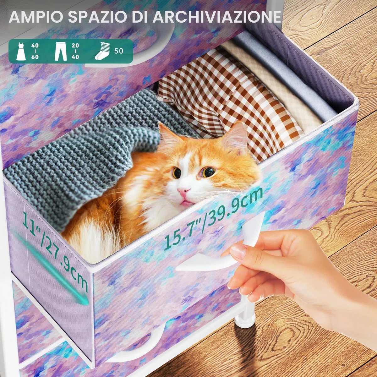 YITAHOME Cassettiera in tessuto,Armadietto con 4 Scomparti,Tiretti Pieghevoli in Tessuto,Struttura in Acciaio,Stampa Viola