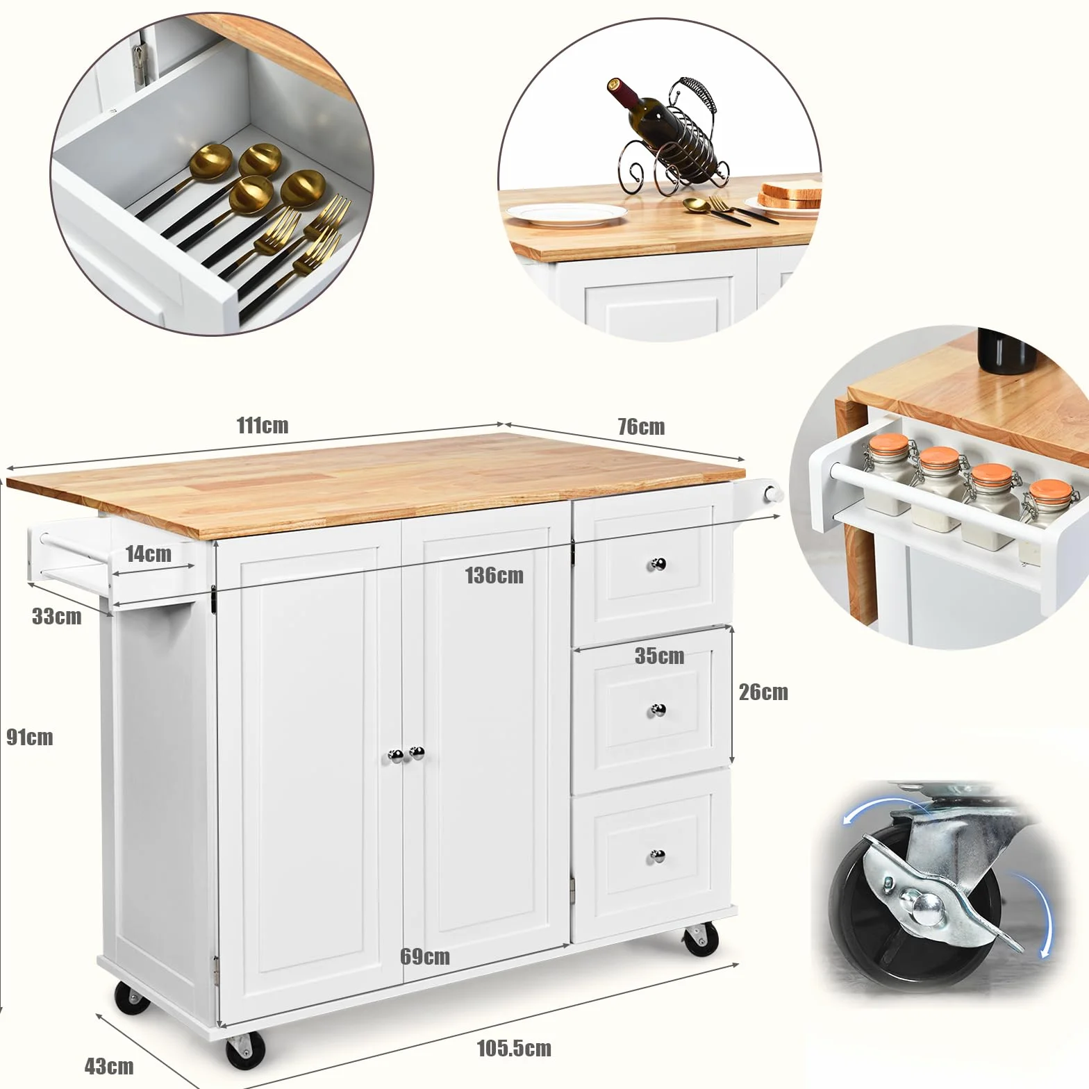 KOMFOTTEU Carrello da Cucina con Pannello Pieghevole Portato fino a 50 kg, Isola da Cucina 43x136x91cm, Carrello Portaoggetti in Legno con Ruote, Multifunzione e Grande, Nero (Bianco)
