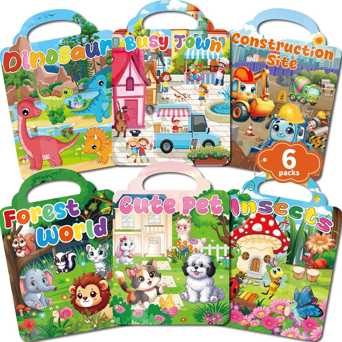 Kalysky 6 libri adesivi riutilizzabili, 250+ adesivi 3D per bambini 2-4, Nuovo tema-città, animali domestici, costruzioni, libri di attività adesivi, giocattoli educativi, regali di compleanno